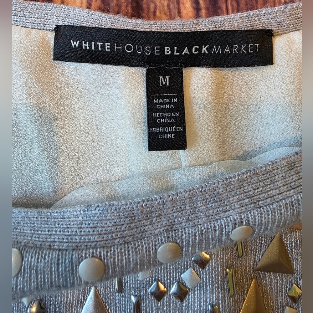 White House Black Market Size Medium Gray Embellished jeweled Knit Top Layered - Picture 7 of 12